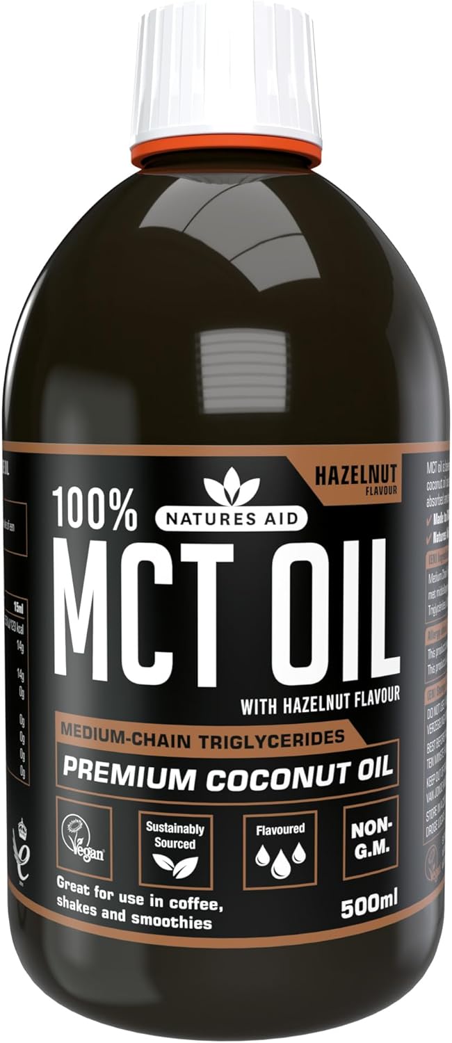 Natures Aid MCT Oil 500ml Hazelnut - Add to Coffee Shakes Smoothies or Dressings - 100 Percent Premium Coconut Oil Pure Sustainably Sourced Vegan Vegetarian GMP Standards Rapid Absorbed for Energy