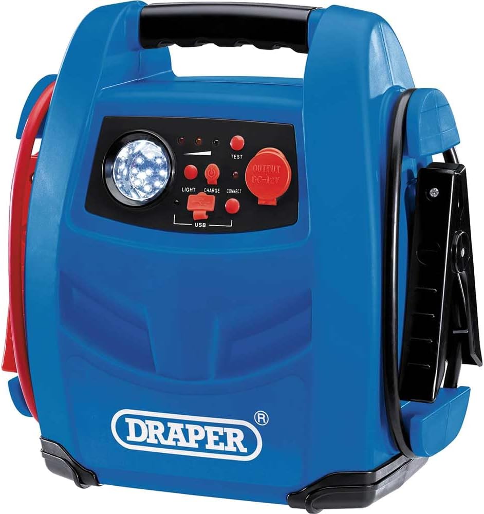 Draper 70553 12V Power Pack Jump Starter, Vehicle Rescue, Built in 12v Compressor, 800A Starts Petrol and Diesel , Blue