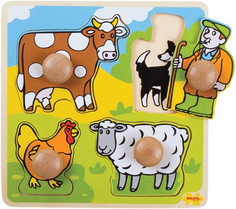 Bigjigs Toys, Farm Animals Puzzle, Wooden Toddler Farm For 3 Year Olds, Fine Motor Skills