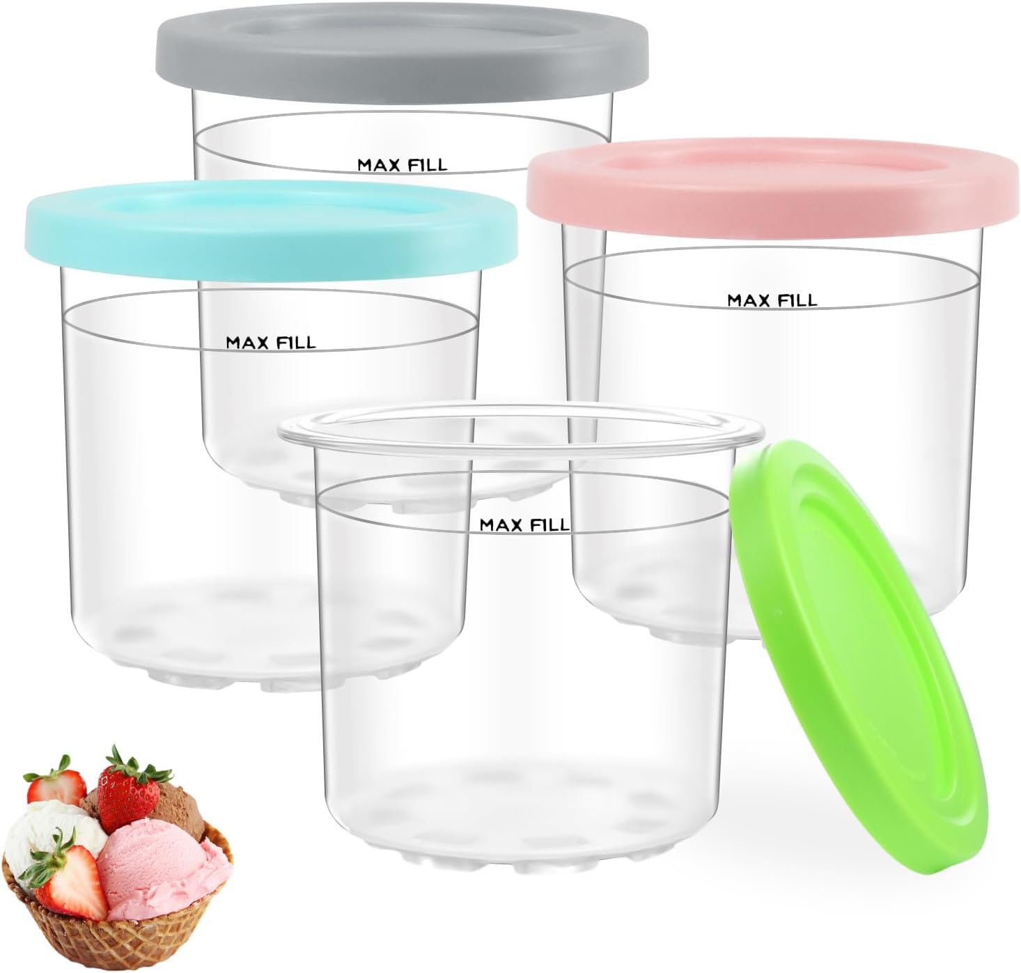 Nepfaivy Ice Cream Tubs for Ninja CREAMi - 4 Pack Creami Tubs Compatible with Ninja CREAMi Ice Cream Maker NC300UK NC300UKCP NC299AMZ, BPA-Free & Dishwasher Safe Ice Cream Containers with Color Lids
