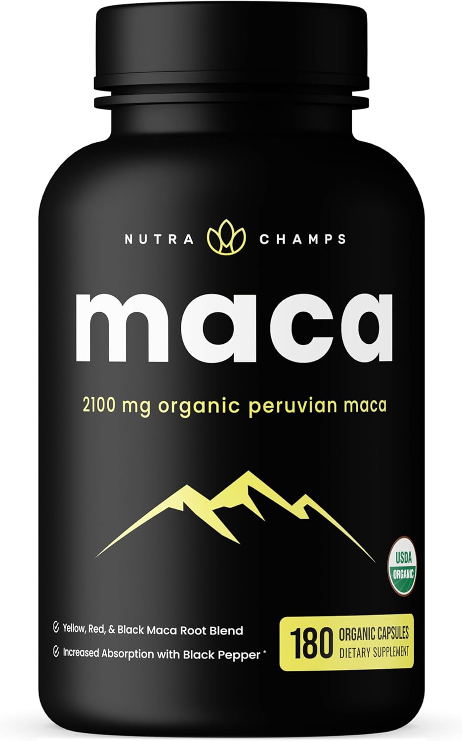 NutraChamps USDA Organic Maca Root Capsules for Women & Men, 2100mg, 180 Capsules, Black, Red & Yellow Peruvian Gelatinized, Highest Potency Maca Root Powder Supplement
