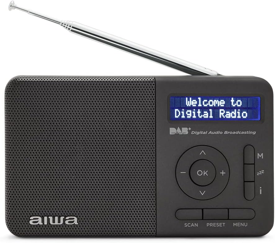 Aiwa RD-40DAB/BK: Rechargeable Digital Portable Radio (Dab/Dab+/FM,Built-in Speaker, 100 Presets, Dot Matrix Display, Headphone Jack, Dual Alarm, Rechargeable Battery) Color: Black.