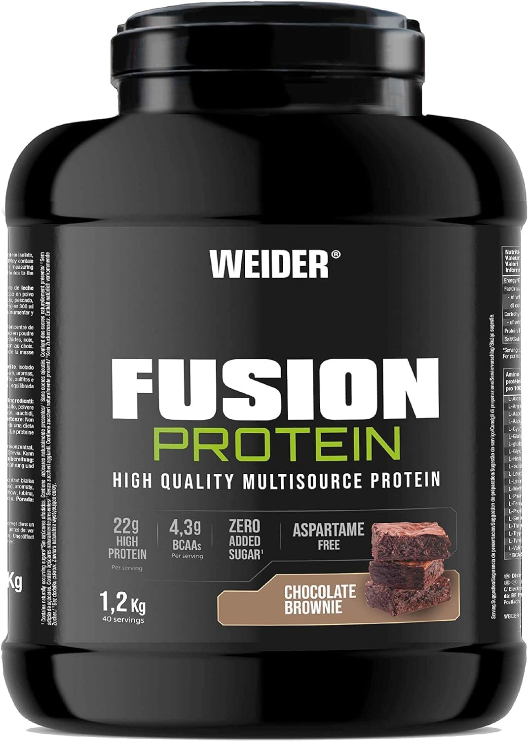 Weider Fusion Protein (1,2kg) Chocolate-Brownie Flavour. Complete Formula Based on 4 Quality Protein Sources, 22g Animal & Plant-Based Proteins + 4,3g BCAA/Serving, No Added Sugar, Aspartame Free