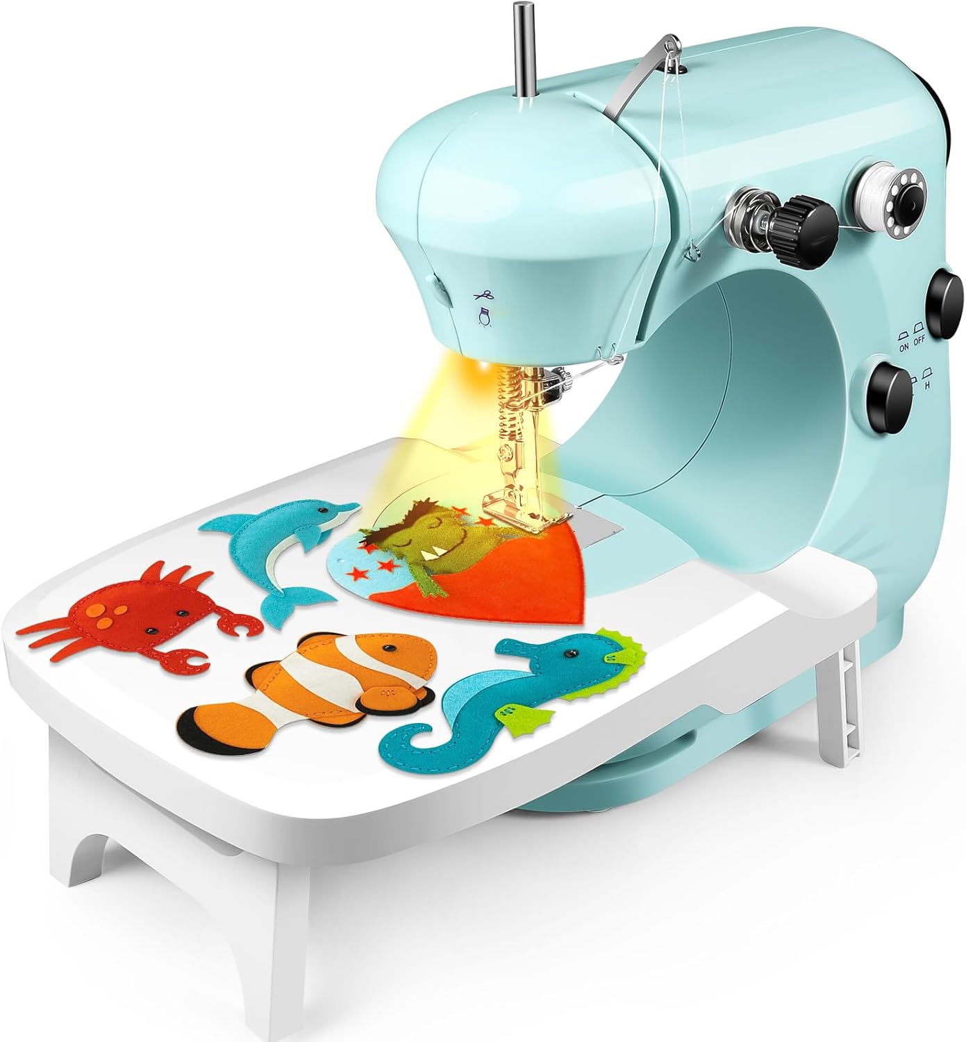 HomHou Mini Sewing Machine With Built-in Sewing Light, Foldable Extension Table, Suitable for Beginners And Children, Green, ABS Material