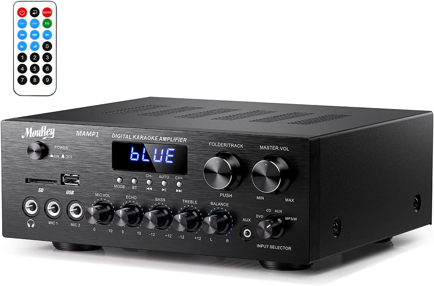 Stereo Power Audio Amplifier 220W Bluetooth 5.0, Moukey 2.0 Channel Stereo Audio Receiver with USB, SD, AUX, RCA, MIC in with Echo, Radio, LED for Home Theater Speakers, Studio, MAMP1