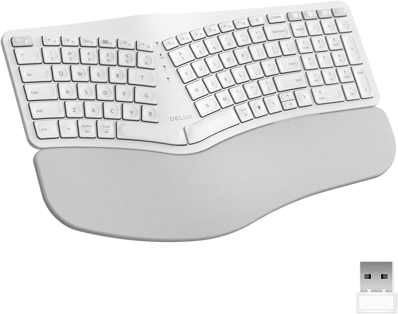 DeLUX Upgraded Ergonomic Wireless Ergo Split Keyboard with Backlit, 2.4G and Bluetooth, Scissor Switch and Palm Rest for Natural Typing, Compatible with Windows and Mac OS (GM902Pro-White)