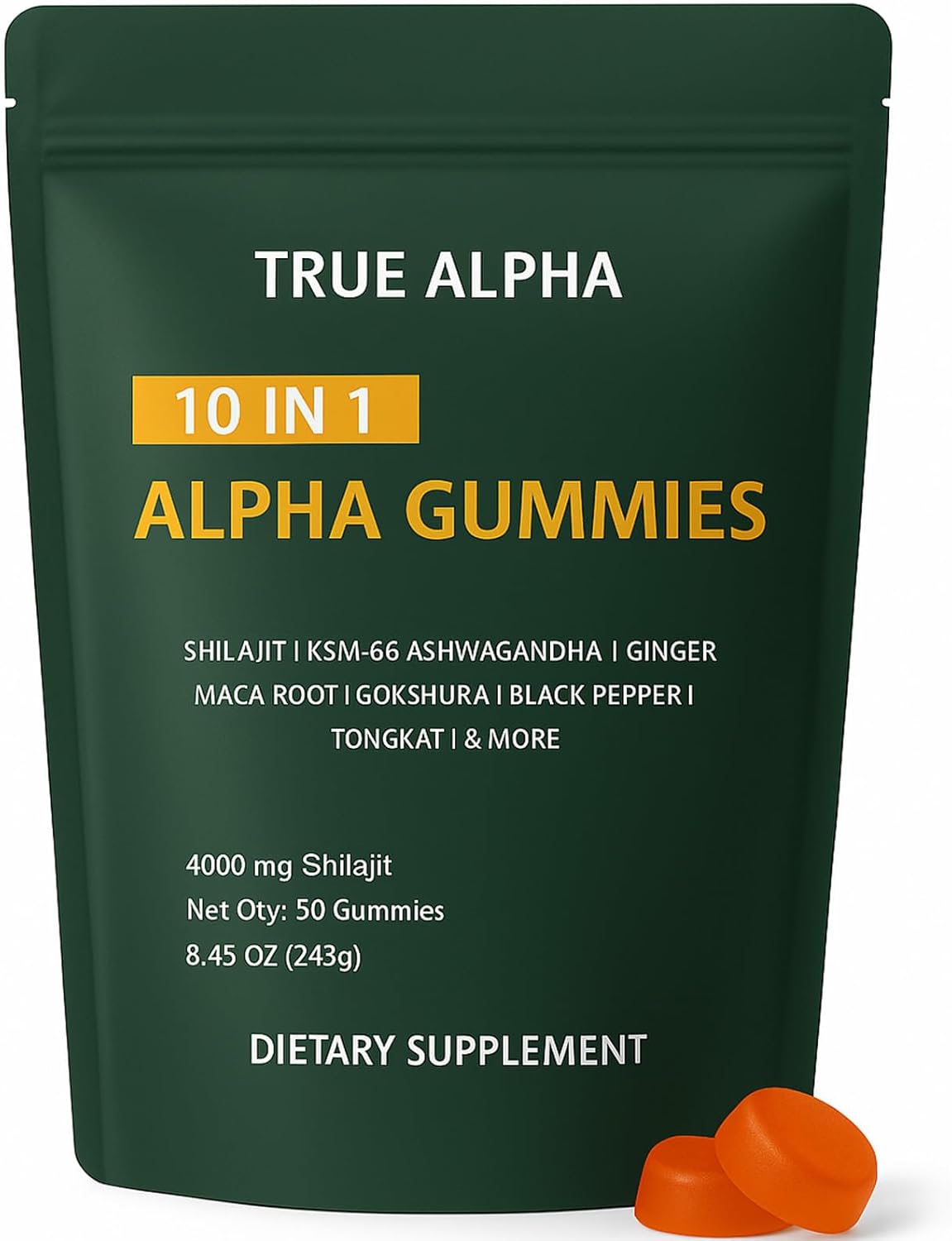 True Alpha Gummies 10 in 1 | 4000mg Alpha Shilajit Gummies for Men | Energy Boost & Immune Support | with Shilajit, Ashwagandha, Gokshura, Fulvic Acid and 85+ Multi-Vitamins Minerals | No Added Sugar