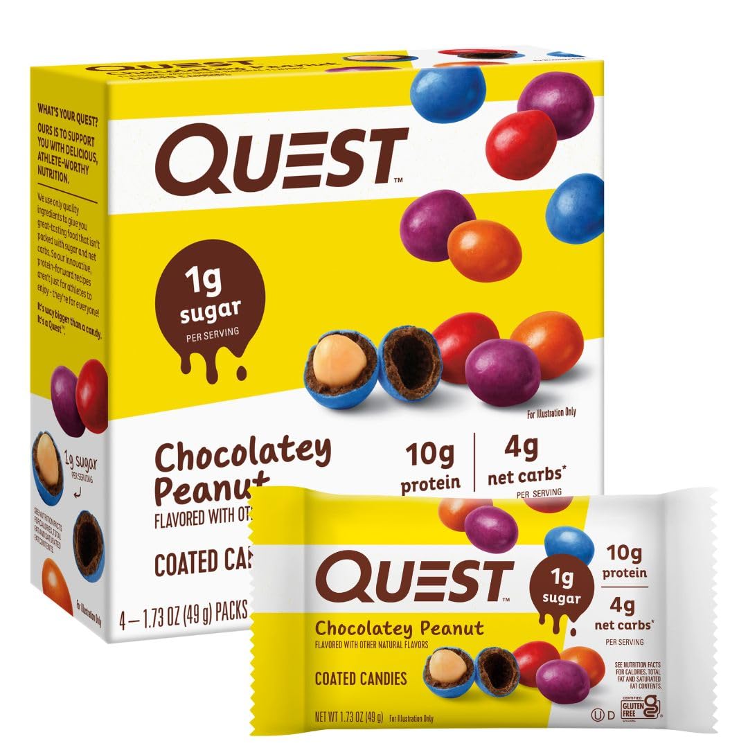 Quest Nutrition Coated Candies, Chocolatey Peanut, 1g Sugar, 10g Protein, 4g Net Carbs, Gluten Free, Keto Friendly, 4 Count