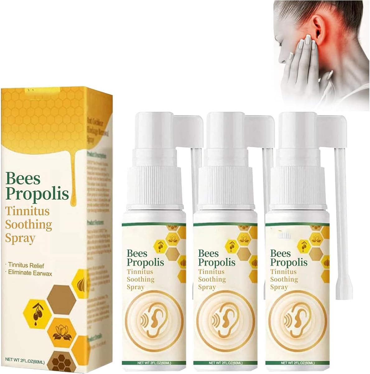 Bee Propolis Tinnitus Relief Spray, Tinnitus Relief for Ringing Ears, Tinnitus Relief Spray Relieves Tinnitus,Ear Tinnitus Relief, Ear Discomfort (3pcs)