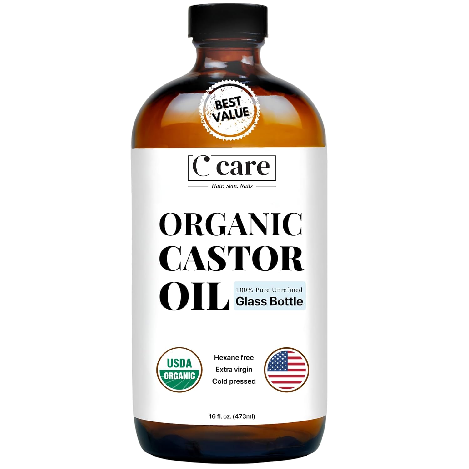 C CARE Castor Oil 100% Pure Organic Cold Pressed Unrefined Glass Bottle | USDA Certified Organic | Hexane Free Extra Virgin | For Hair Growth Eyebrows Eyelashes Skin and Castor Oil Pack Wrap | 16oz