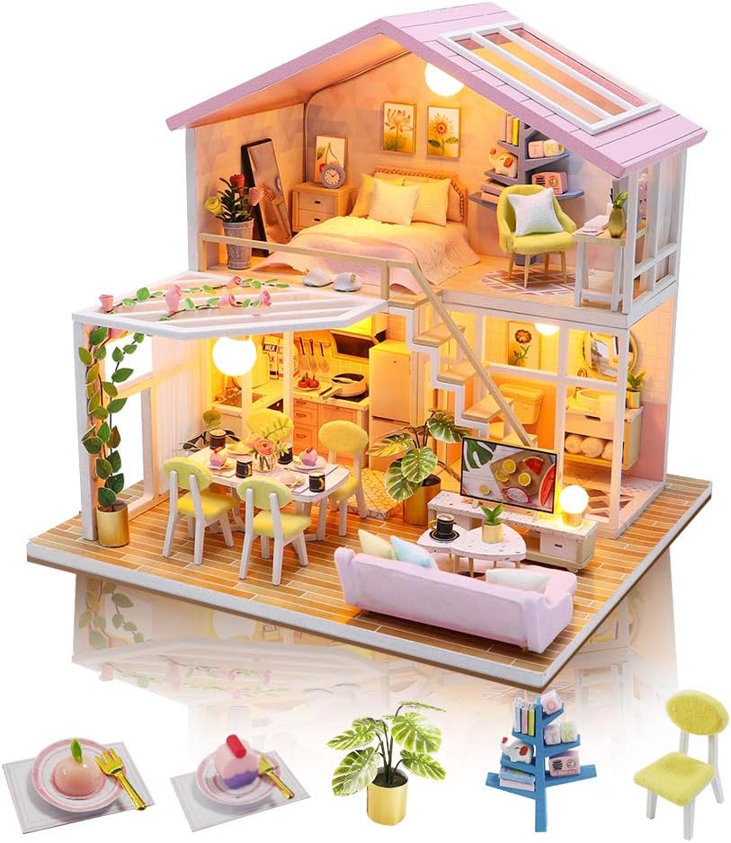GuDoQi DIY Miniature Dollhouse Kit, Tiny House kit with Furniture and Music, Miniature House Kit 1:24 Scale, Great Handmade Gift for Birthday Easter Day, Sweet Time House