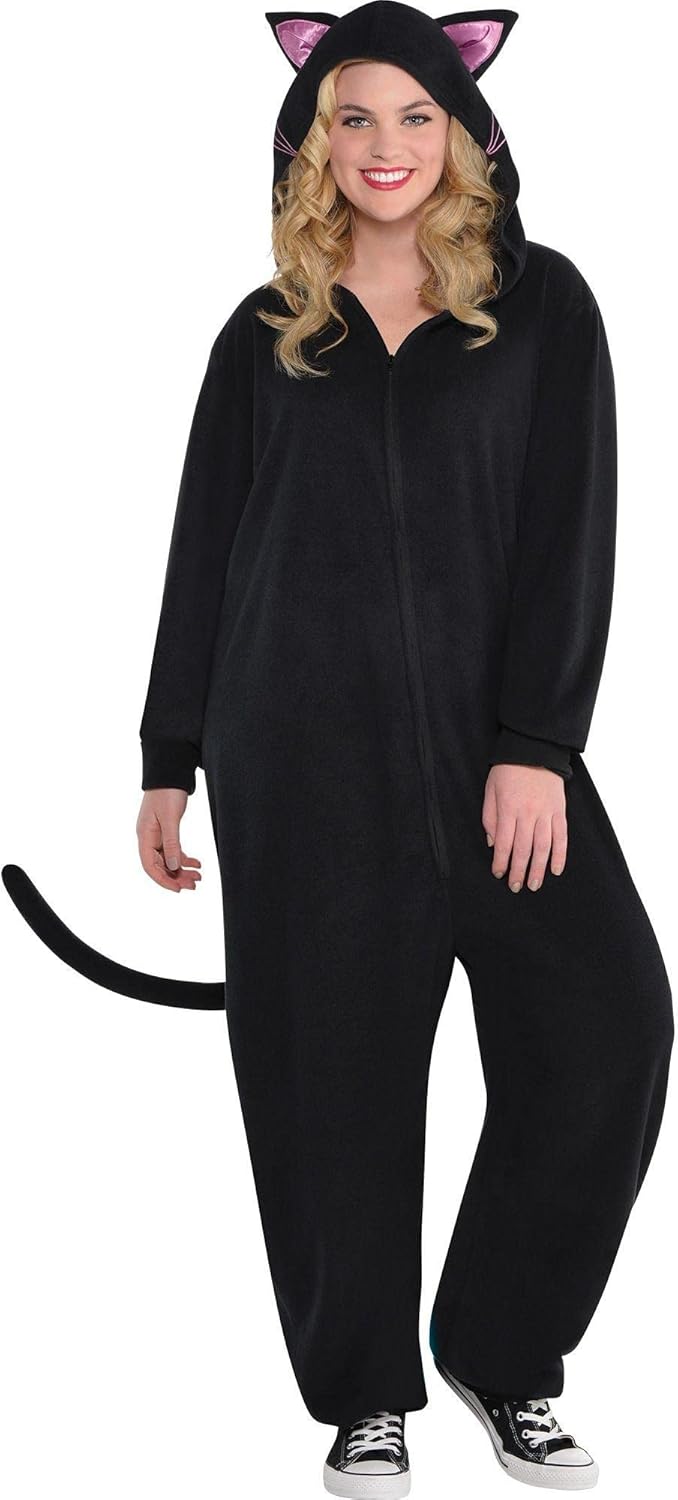 Amscan Zipster Black Cat Onesie Costume, Adult, Plus Size, Includes Hood