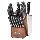 Viking Culinary Cutlery Set with Light Walnut Color Block, 17 Piece, Premium Steel Blades, Ergonomic Design