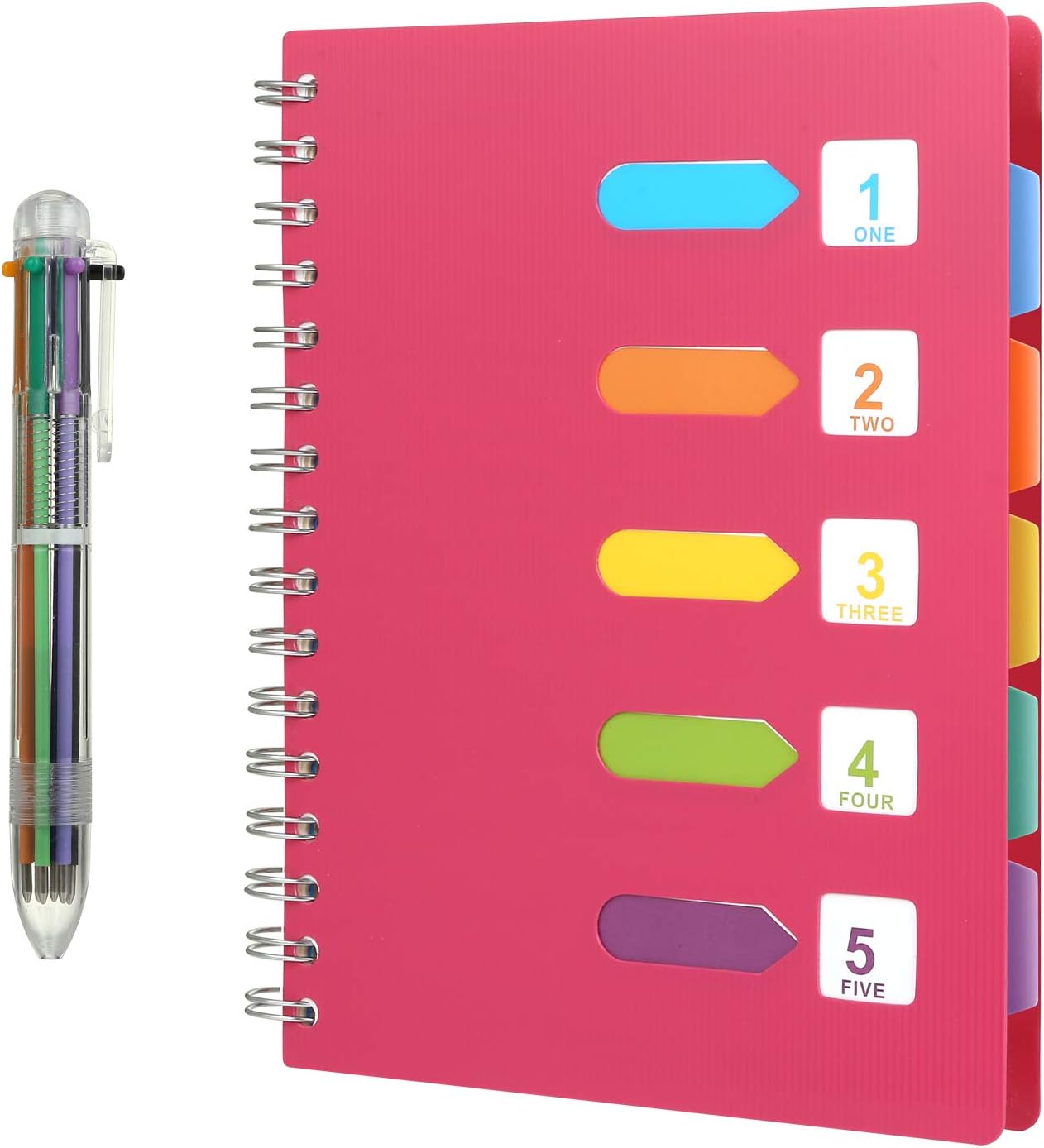Kesote Lined Notebook with Multicolor Pen, Subject Notebook 240 Pages A5 Journal with 5 Colored Tab& 6-in-1 Retractable Ballpoint Color Pen - Rose Pink