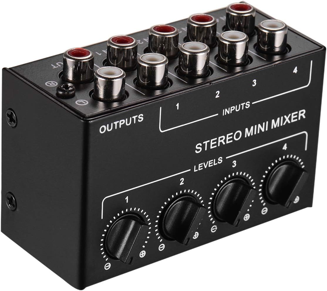 Btuty Stereo Audio Mixer with 4-Channel RCA Inputs Separate Volume Controls Full Metal Shell Mini