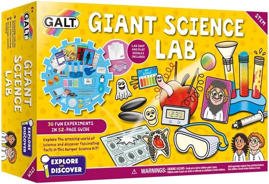 Galt Giant Science Lab - Explore and Discover XL Science Kit for Kids, Childrens Craft Set, Guide Book and Lab Coat - 30 Fun STEM Science Experiments - Chemistry, Biology and Physics - For Ages 6 Plus