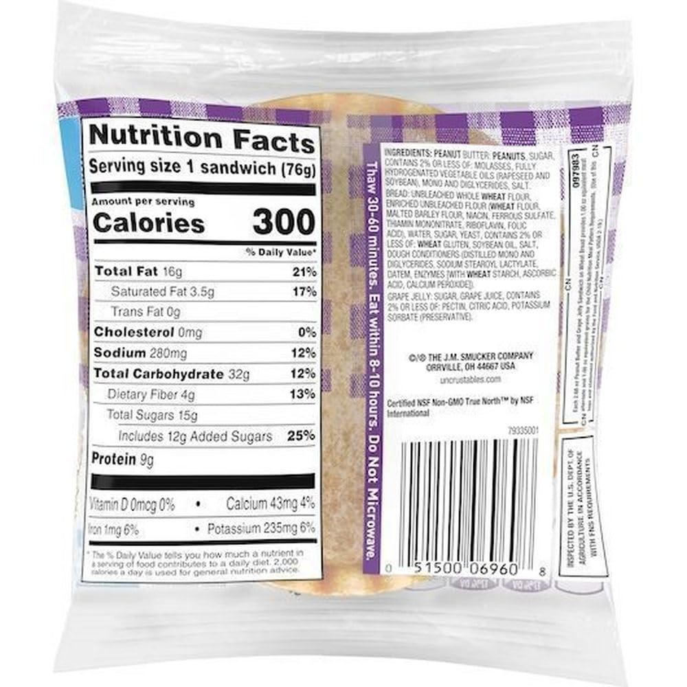 Uncrustables Peanut Butter & Grape Jelly Sandwich on Wheat Bread, No-Crust, Thaw & Eat, Individually Wrapped, 2.6 Ounce, 48 Count Bulk Pack