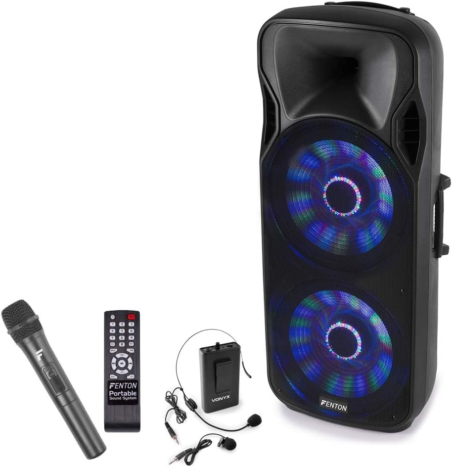 Fenton FT215LED Portable PA Speaker System 1600W with Double 15-inch Woofers, Bluetooth, USB MP3, Wireless Handheld & Bodypack Microphones, Battery Powered PA for Karaoke & Events