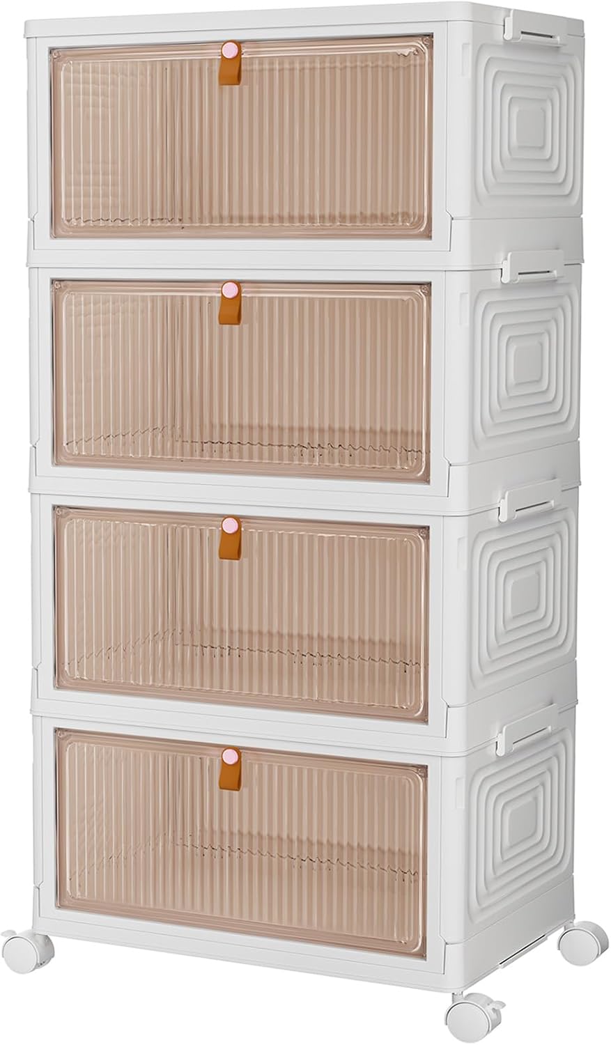 PurKeep Storage Boxes with Lid - 23L*4 Tier Plastic Storage Box with Lid, Stackable Boxes with Wheels, Storage Drawers with Front Door, Plastic Box for Home and Office, White, 4 Packs