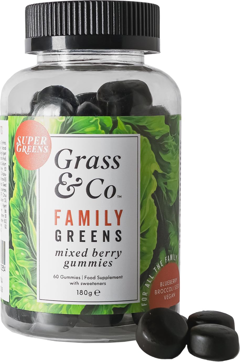 Grass & Co. Family Super Greens Gummies | Multivitamin with C, D, E & Probiotics | Gut Health & Immunity Support | 60 Gummies | Vegan | Mixed Berry Flavour