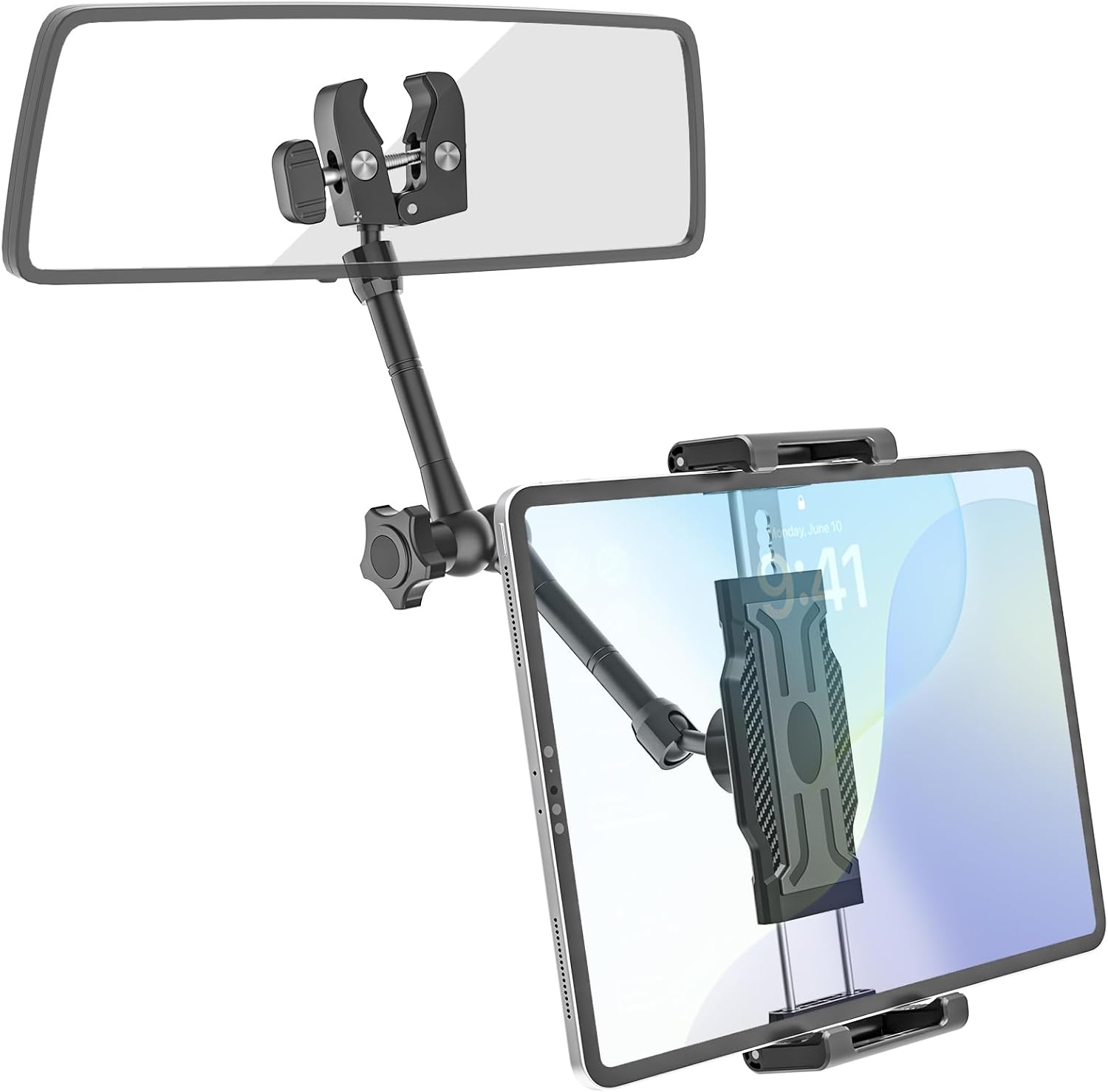 Rearview Mirror Metal Car Tablet Mount, 360° Rotation Magic Arm Rear View Mirror Tablet Holder for All 6.1-15.6" Devices, Fit Thickness Case (Deep Max 1.18'') for iPad Pro/Air/Mini, Galaxy Tab