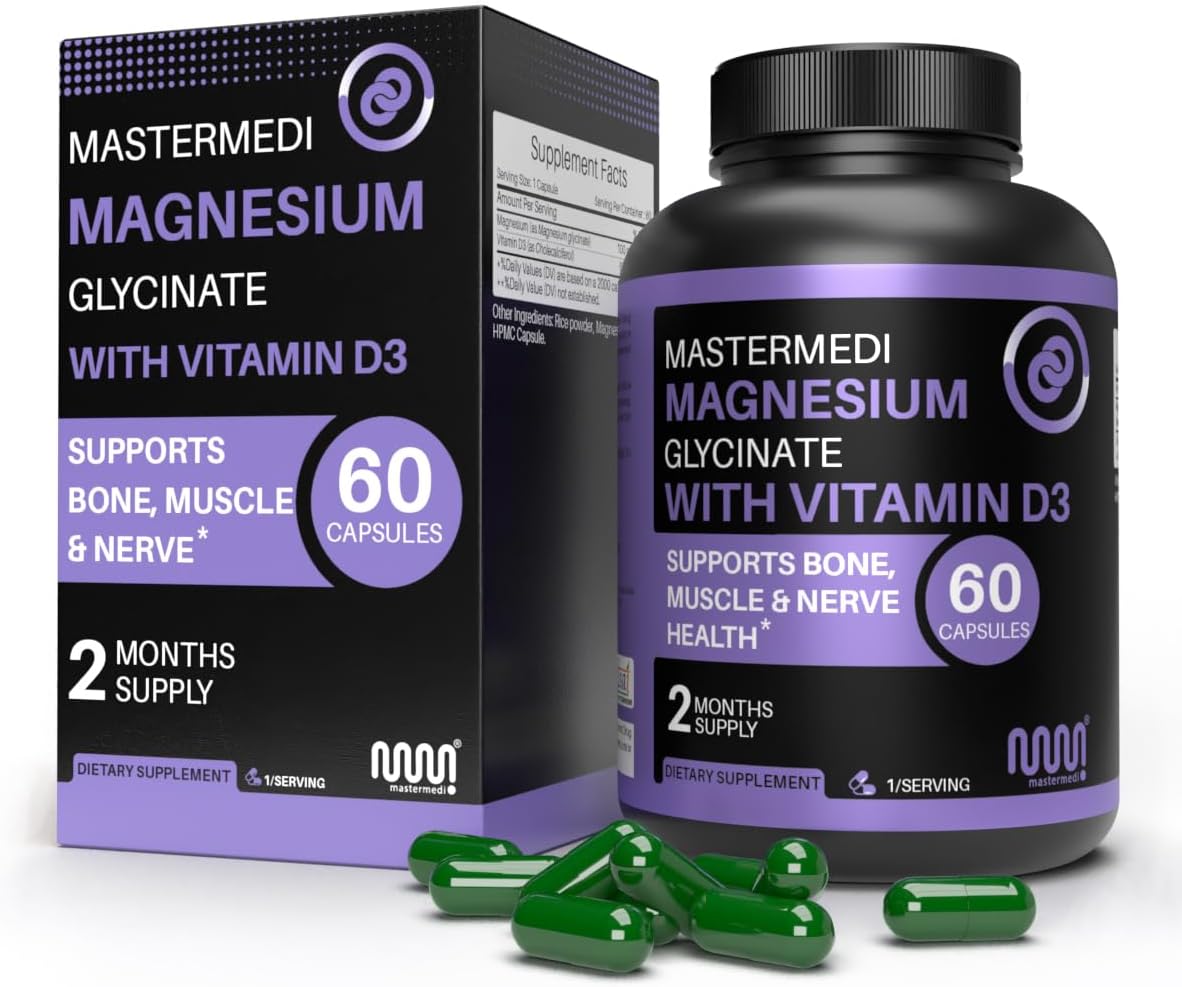 MasterMedi Magnesium Glycinate with Vitamin D3 – 100mg Magnesium & 600 IU D3 per Serving | Supports Bone, Muscle & Nerve Health | 60 Capsules | 2-Month Supply