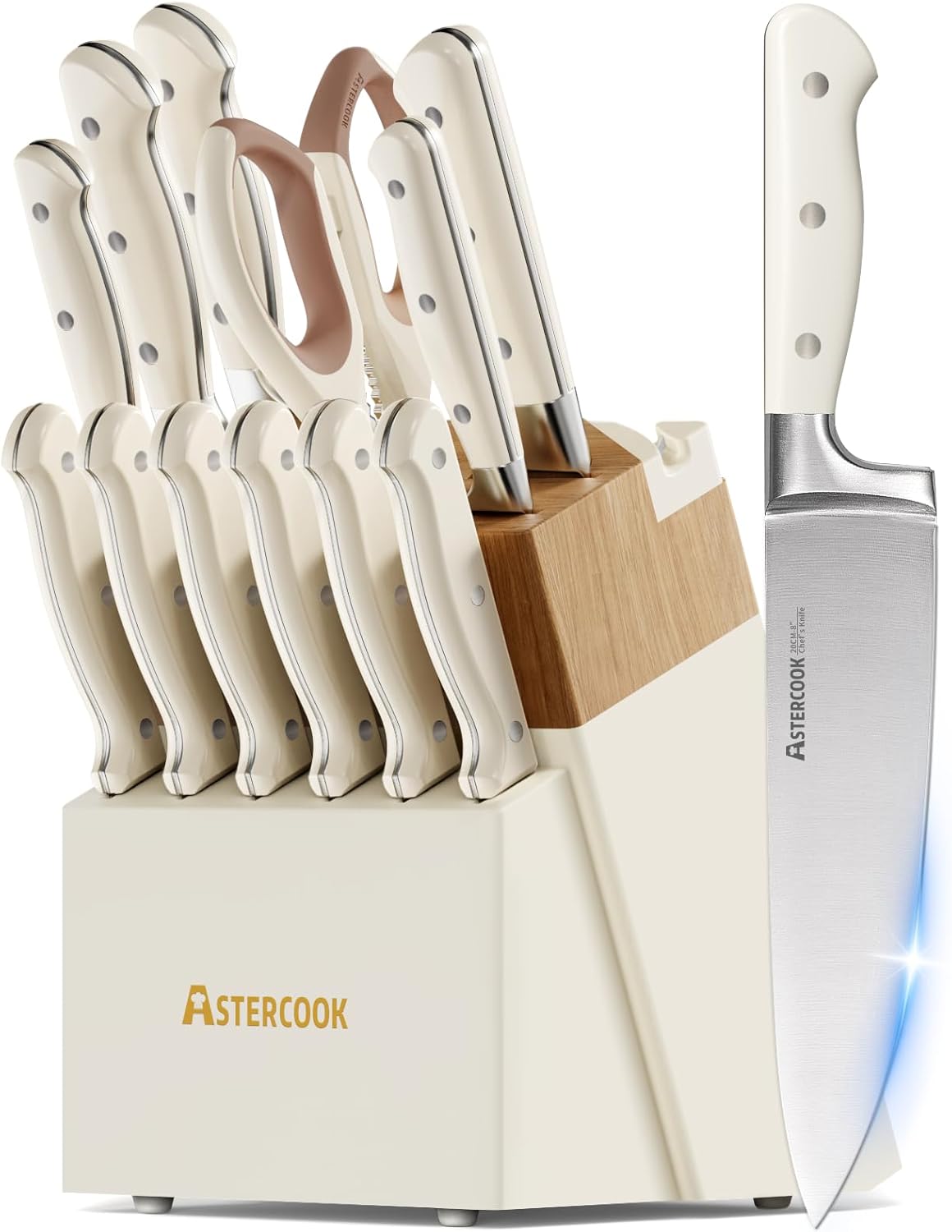 Knife Set,Astercook Kitchen Knife Set with Block 14-Piece Full Tang German Stainless Steel Knives with Sharpener Dishwasher Safe and Anti-Slip Ergonomic Handle Elegant Cream White Utensils Set