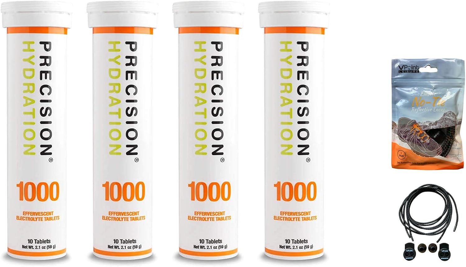 Precision Hydration Electrolyte Tablets - 4 Tubes of 10 x Tabs (1000 Strength). Bundled with a Pack of VPoint Leisure Elastic No-tie Reflective Shoe Laces