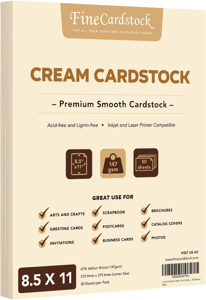 Cream Pastel Color Card Stock Paper, 67lb Cover Medium Weight Cardstock, for Arts & Crafts, Coloring, Announcements, Stationary Printing at School, Office, Home | 8.5 x 11 | 50 Sheets Per Pack