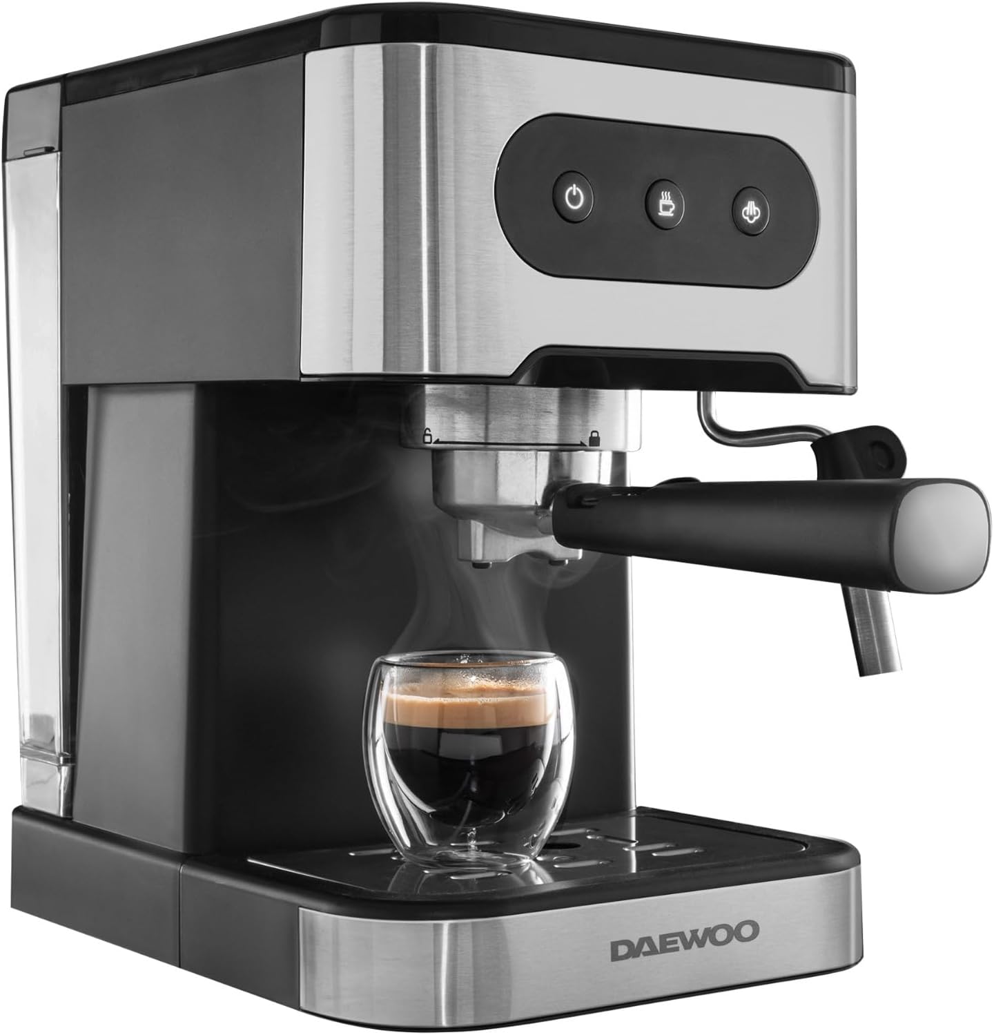 Daewoo 20bar Espresso Coffee Maker With Steam Wand, Barista Quality Coffee, 1.5 Litre Water Tank, For Ground Coffee, Make 2 Cups At Once, Cup Warmer, Filter And Measuring Spoon With Tamper