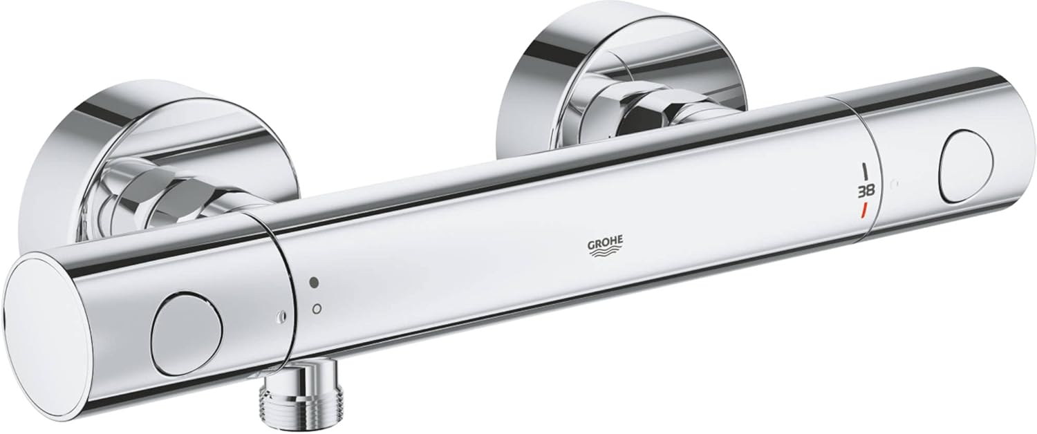 GROHE Precision Get - Thermostatic Shower Mixer - Wall Mounted - Ergonomically Shaped Metal Handles - Safety Button at 38°C - Temperature Limiter at 43°C - EcoButton - Water Saving - Chrome - 34773000