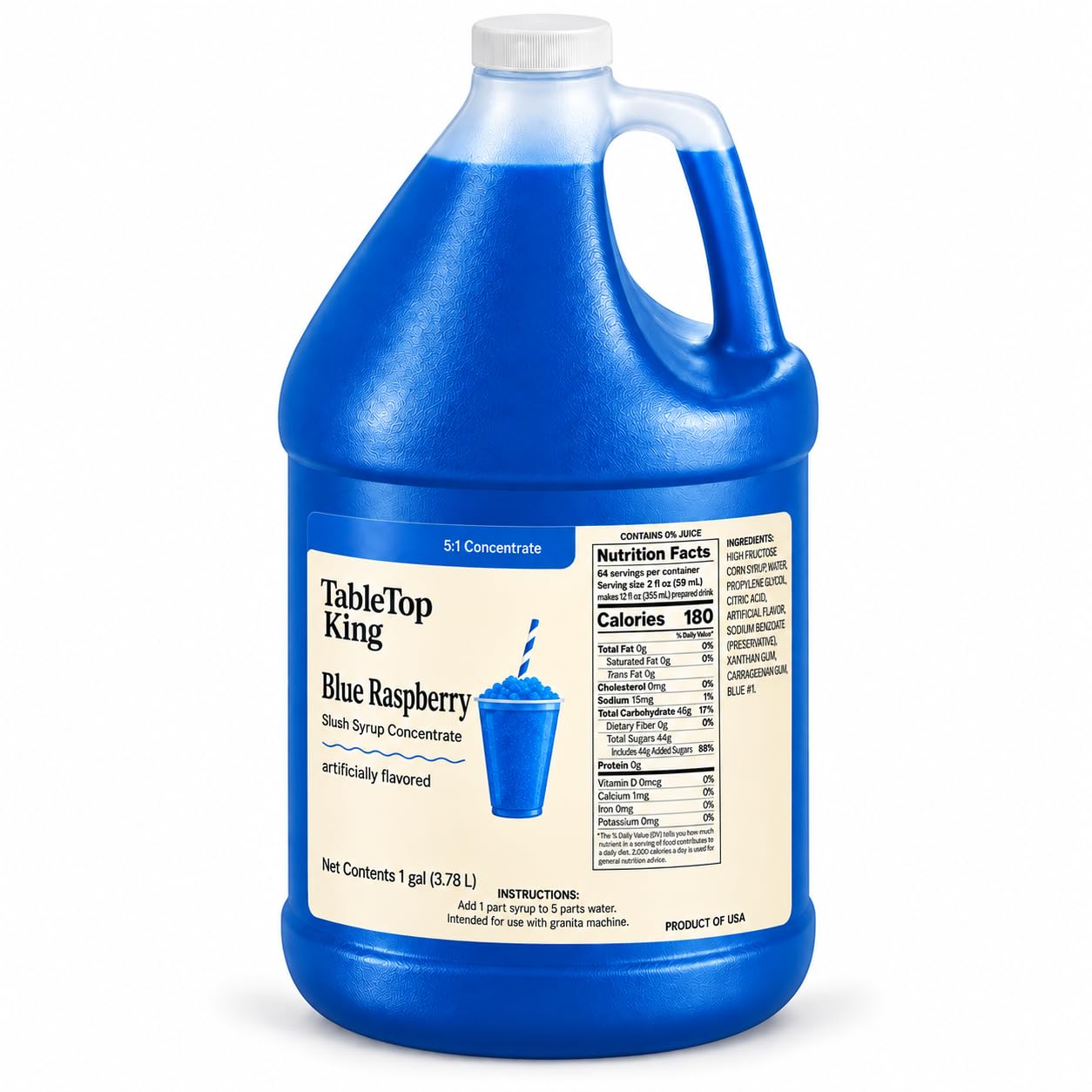 TableTop King Blue Raspberry Slushy Syrup Concentrate, 1 Gallon (128 fl oz), 5:1 Frozen Drink Mix for Slushie & Granita Machines, Makes 48 x 16 fl oz Drinks
