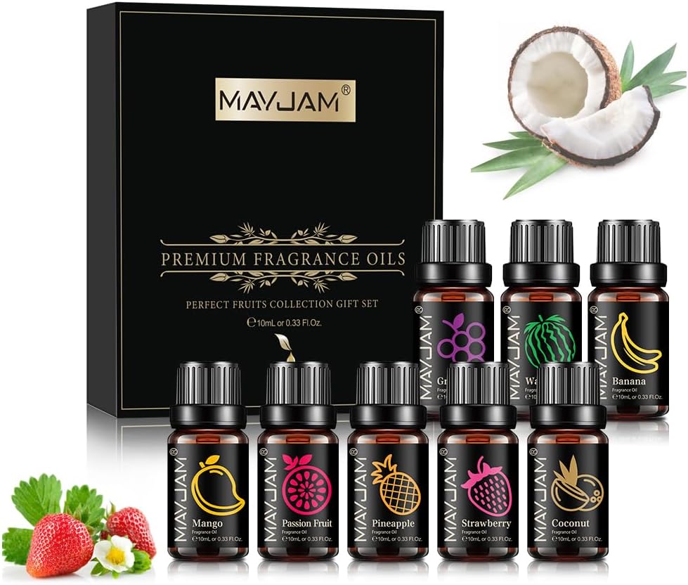 MAYJAM Fruity Fragrance Essential Oils Set 8 x 10ML, Fruits Scented Oils for Diffuser Candle Making - Mango, Passion Fruit, Strawberry, Watermelon, Coconut, Pineapple, Banana, Grape