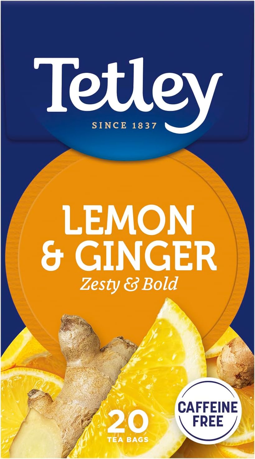 Tetley Zingy Lemon & Ginger Herbal Tea Bags - Naturally Caffeine-Free - Perfectly Balanced Citrus & Spice Infusion - Ideal for Relaxation - Rainforest Alliance Certified - 20 Teabags (1 Pack)