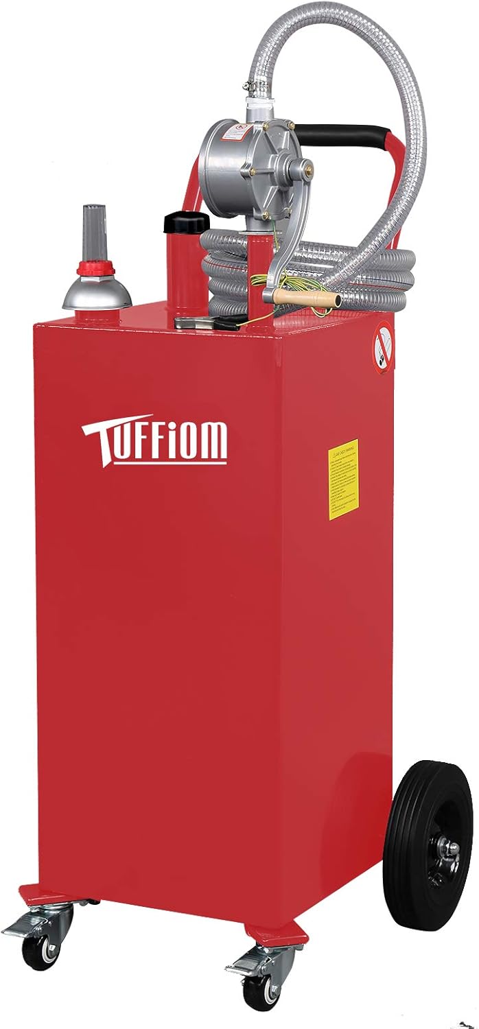 TUFFIOM 35 Gallon Fuel Gas Caddy w/Wheels & Manual Siphon Pump, Portable Diesel Fuel Transfer Storage Tank w/11.9ft Hose, Gasoline Can Container for ATV Car Mowers Tractor Boat Motorcycle