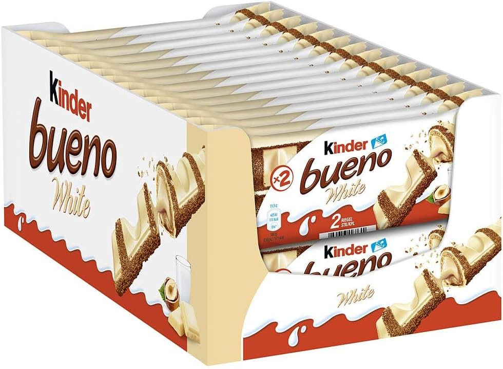 Kinder Bueno White Wafer Twin Bars, Bulk Chocolate Gift Pack, Milk Chocolate Covered Wafer with Milky and Hazelnut Filling, Pack of 30 x 2 (60pcs) | Ideaonic