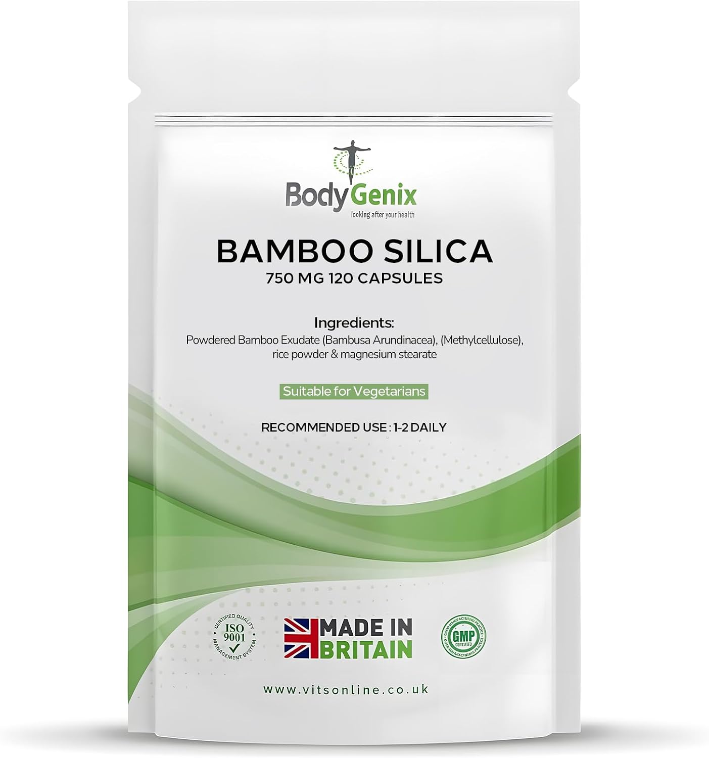 Bodygenix Bamboo Silica Capsules - 750mg Hair Skin Nails Bones Joints Antioxidant - 120 Caps Natural Food Supplement 4 Month Supply