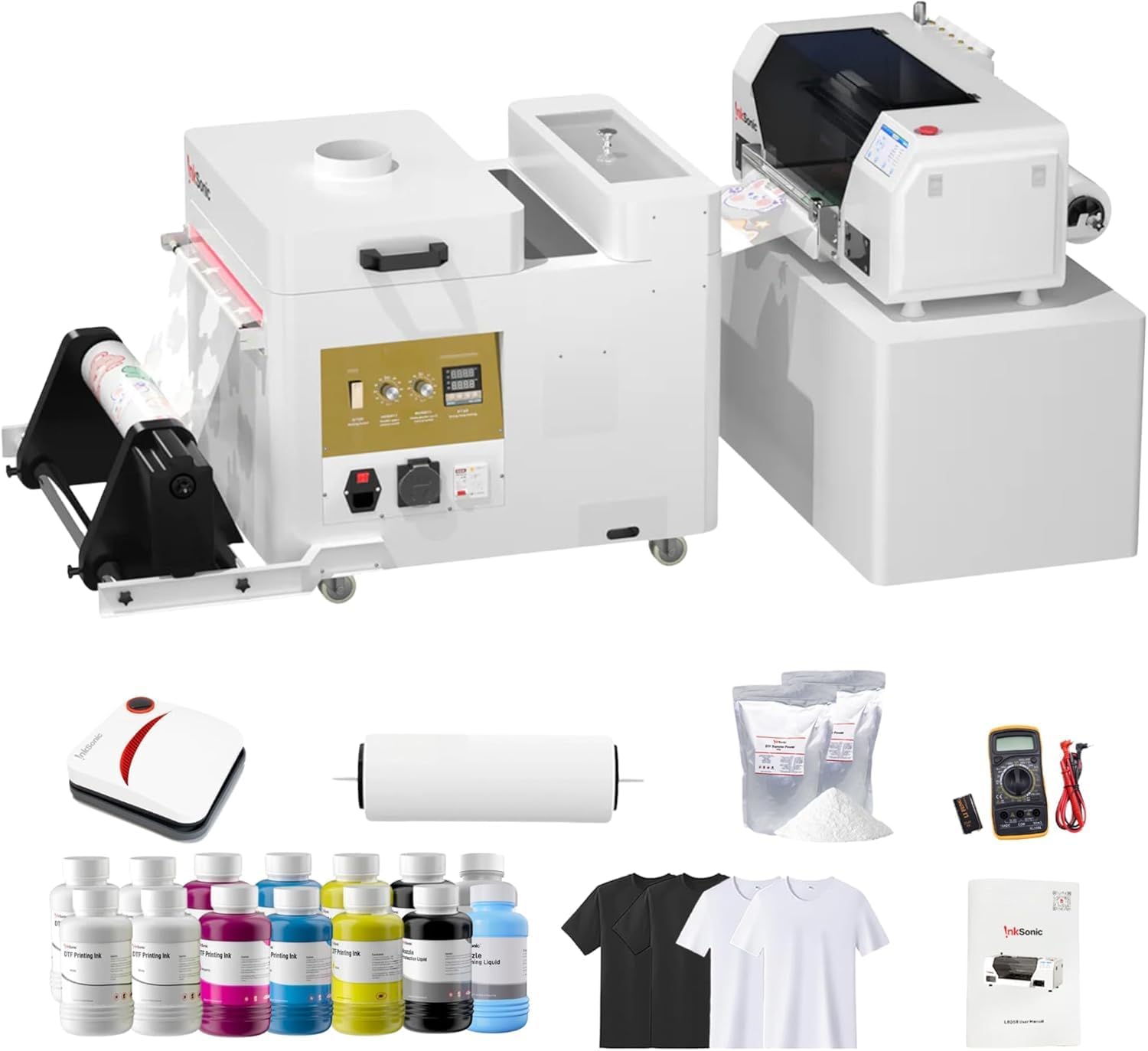 InkSonic XP600 DTF Printer Bundle, A3 Printing Machinea, Powder Shaker & Dryer, Automatic Curing, DTF Transfer Machine with White Ink Circulation for T-Shirt Printing