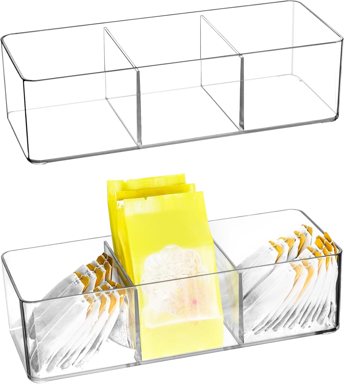 QWORK® 2 Pack Acrylic Tea Storage Box, Acrylic Storage Container for Teabag, Coffee Bags, Coffee Pods, Sweeteners, Sugar and More (3 Compartments)