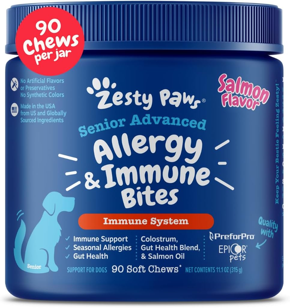 Zesty Paws Dog Allergy Relief - Anti Itch Supplement - Omega 3 Probiotics for Dogs - Digestive Health - Soft Chews for Skin & Seasonal Allergies - with Epicor Pets - Senior - Salmon - 90 Count
