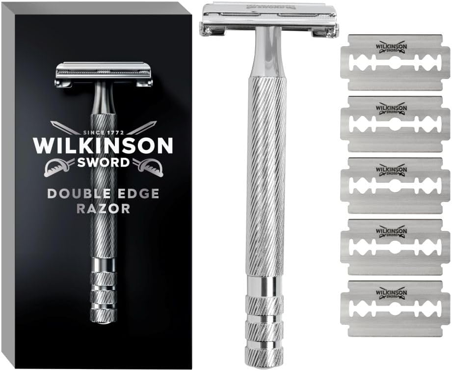 Wilkinson Sword Double Edge Razor For Men, Barber's Style Wet Shavers for a Close and Comfortable Shave, 1 Double-Sided Razor Handle plus 5 Blades Refills Pack