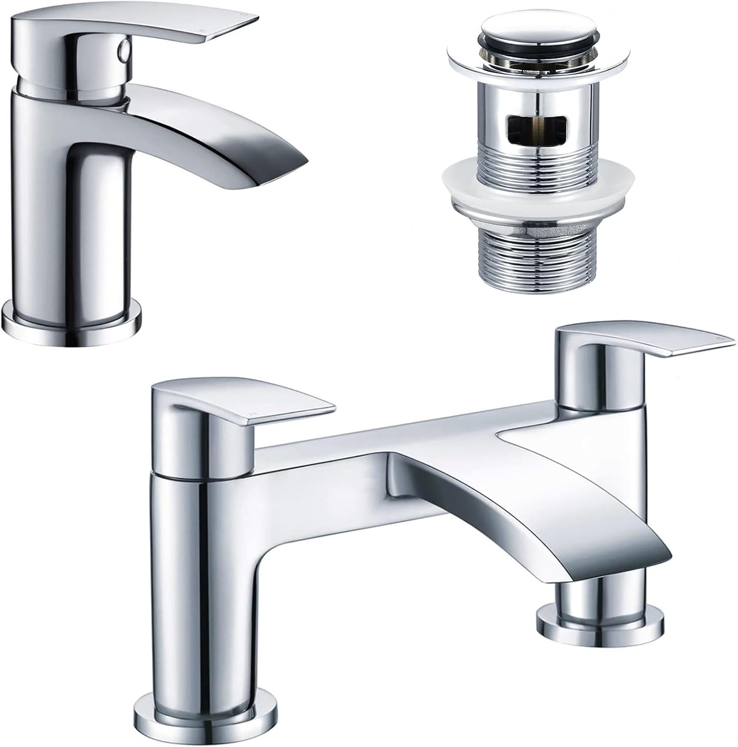 Hapilife Bath Tap and Basin Mixer Tap Set with Slotted Pop up Waste Waterfall Bathroom Sink Taps Cloakroom Bathtub Tub Filler Tap Mixers Monobloc Chrome Brass Bathroom Taps Set Click Clack Modern