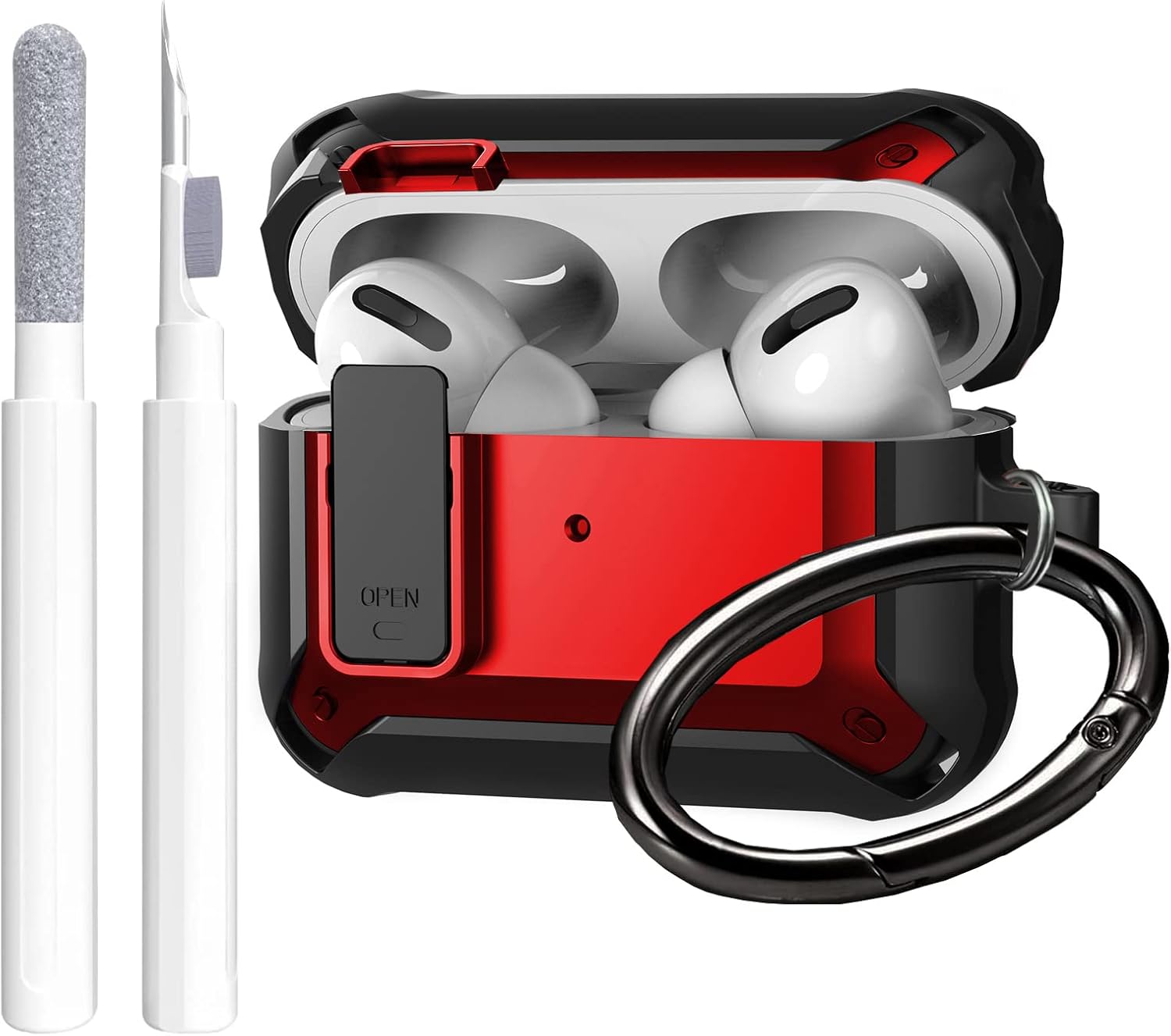 Airpods Pro Case Cover Men Lock with Cleaning Kit, GARTOO Protective Cover with Cleaning Pen Compatible with Airpod Pro Case, Shockproof Rugged Shell for Air Pods Pro 2019 Charging Case (Black/Red)