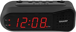 SHARP Digital Alarm Clock – Black Case with Red LEDs - Ascending Alarm Grows Increasing Louder, Gentle Wake Up Experience, Dual Alarm - Battery Back-up, Easy to Use with Simple Operation