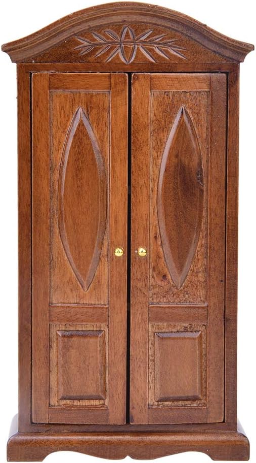 VGEBY Dollhouse Wooden Wardrobe, 1:12 Scale Wooden Mini Vintage Double Door Closet Wardrobe Dolls House Accessory Dollhouse Furniture(Brown) Kids Toys