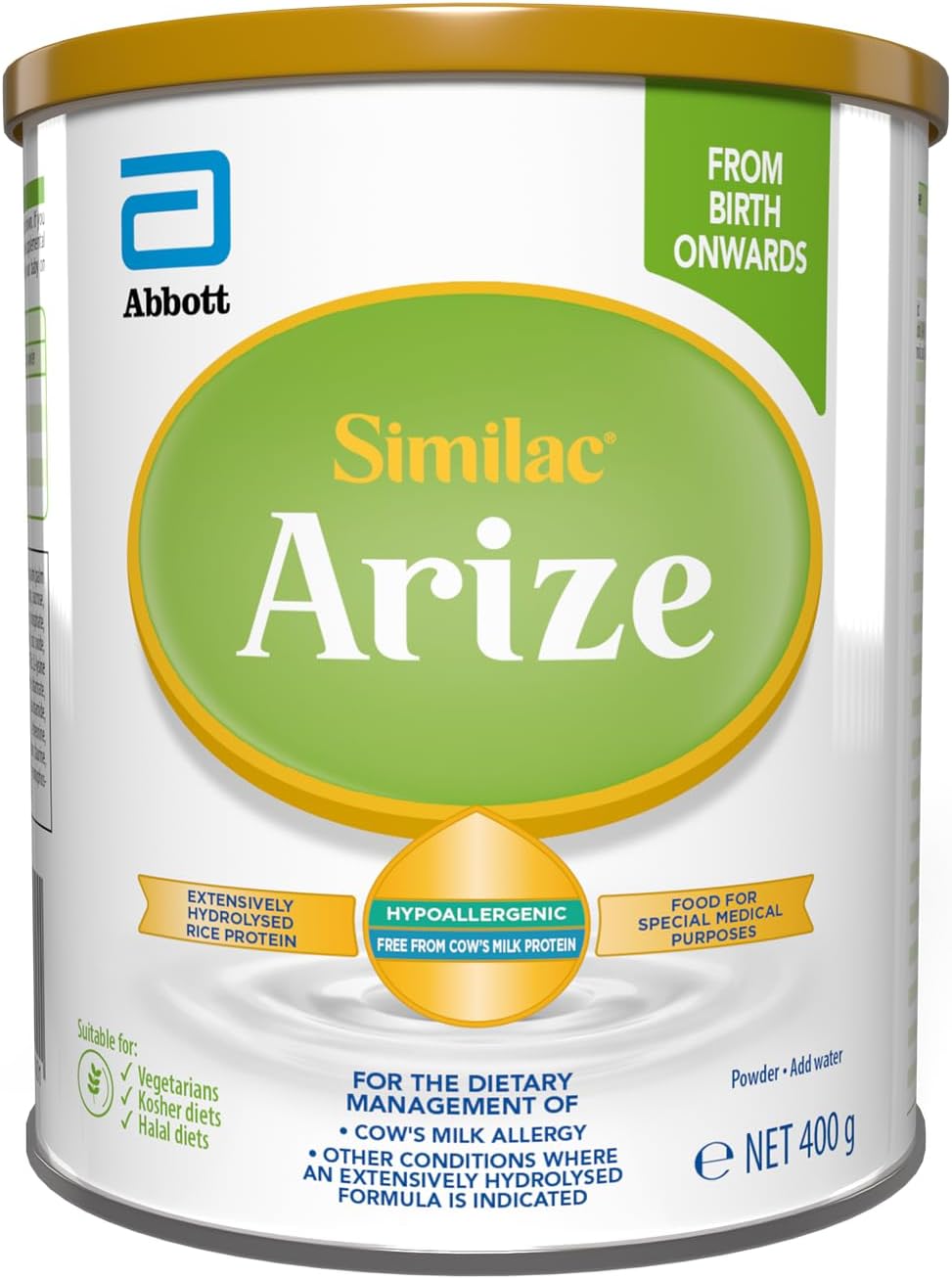 Arize by Similac | Cow’s MILK Protein-free Infant Formula | Suitable from Birth, for Infants with a Cow’s MILK Protein Allergy | 400g Tin