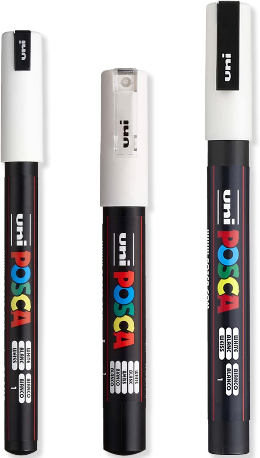 Posca - Ultra Fine to Fine Paint Marker Pens Set - PC-1MR, PC-1M, PC-3M - White Ink - Pack of 3