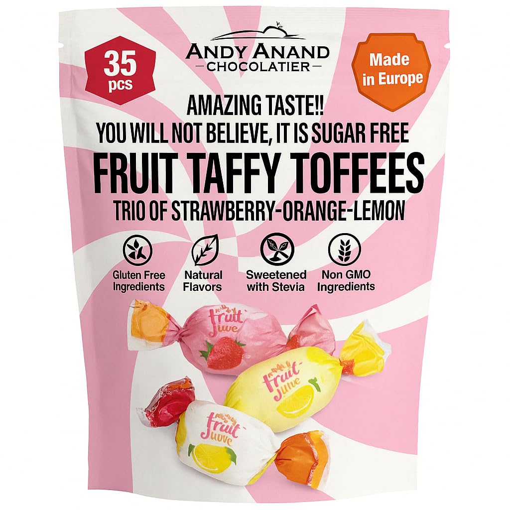 Andy Anand Sugar Free Fruit Taffy Toffees trio of Strawberry-Orange-Lemon flavors 35 pcs Diabetic-friendly crafted in Europe, mouthwatering experience that defies the typical sugar free taste (7 Oz)