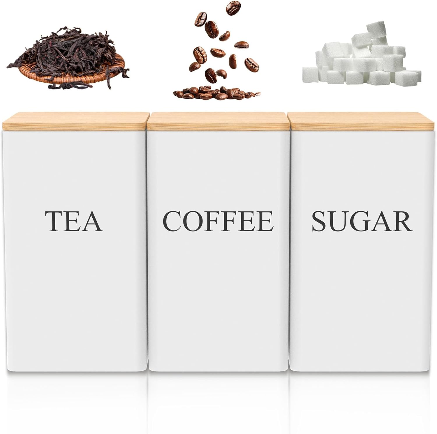 3Pcs Tea Coffee Sugar Canisters Set White 1000 ML Metal with Airtight Bamboo Lid and Name Marker Square Tea Canister Jar Kitchen Storage Canisters for Tea/Coffee/Sugar