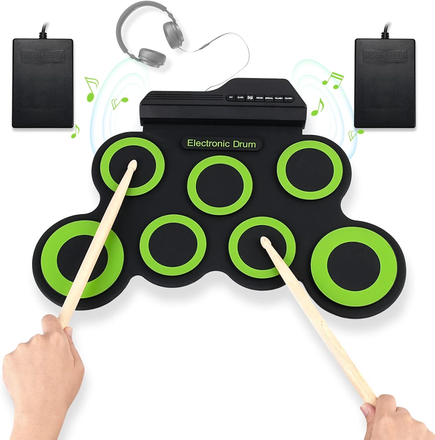 Electronic Drum Pad Kit, 7 Pads Roll Up Drum Set with 3.5mm Headphone Jack & 2 Foot Pedals, USB/Battery Powered Drum Practice Pad, Gift for Kids, Adults, Beginners, Easy to Operate